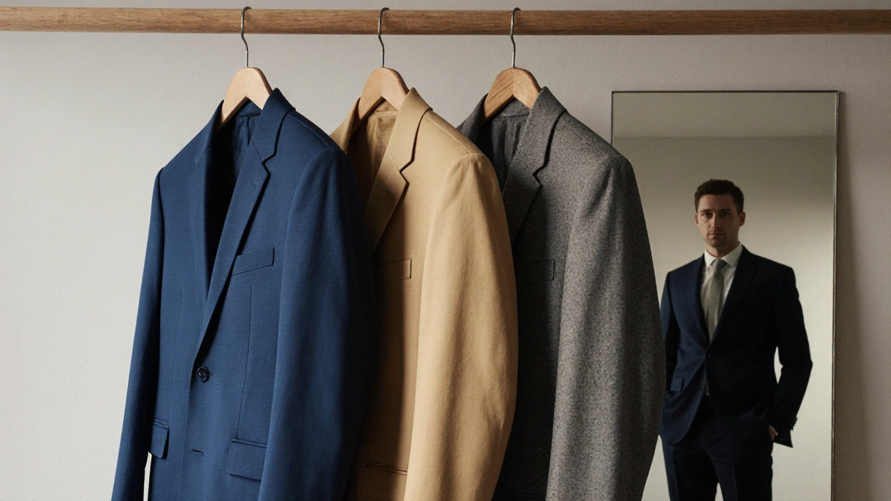 Three symbolic suits hanging on a rack, each representing a different mindset.