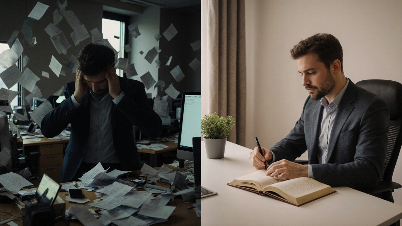 Two men in offices: one overwhelmed by clutter and screens, the other calm at a clean desk with a book.