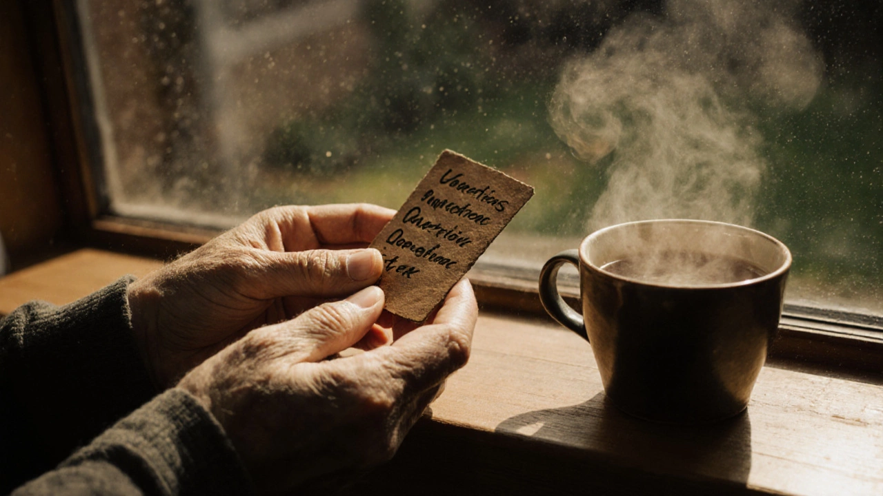 Weathered hands holding a small card with three written questions beside a steaming cup of tea on a windowsill.