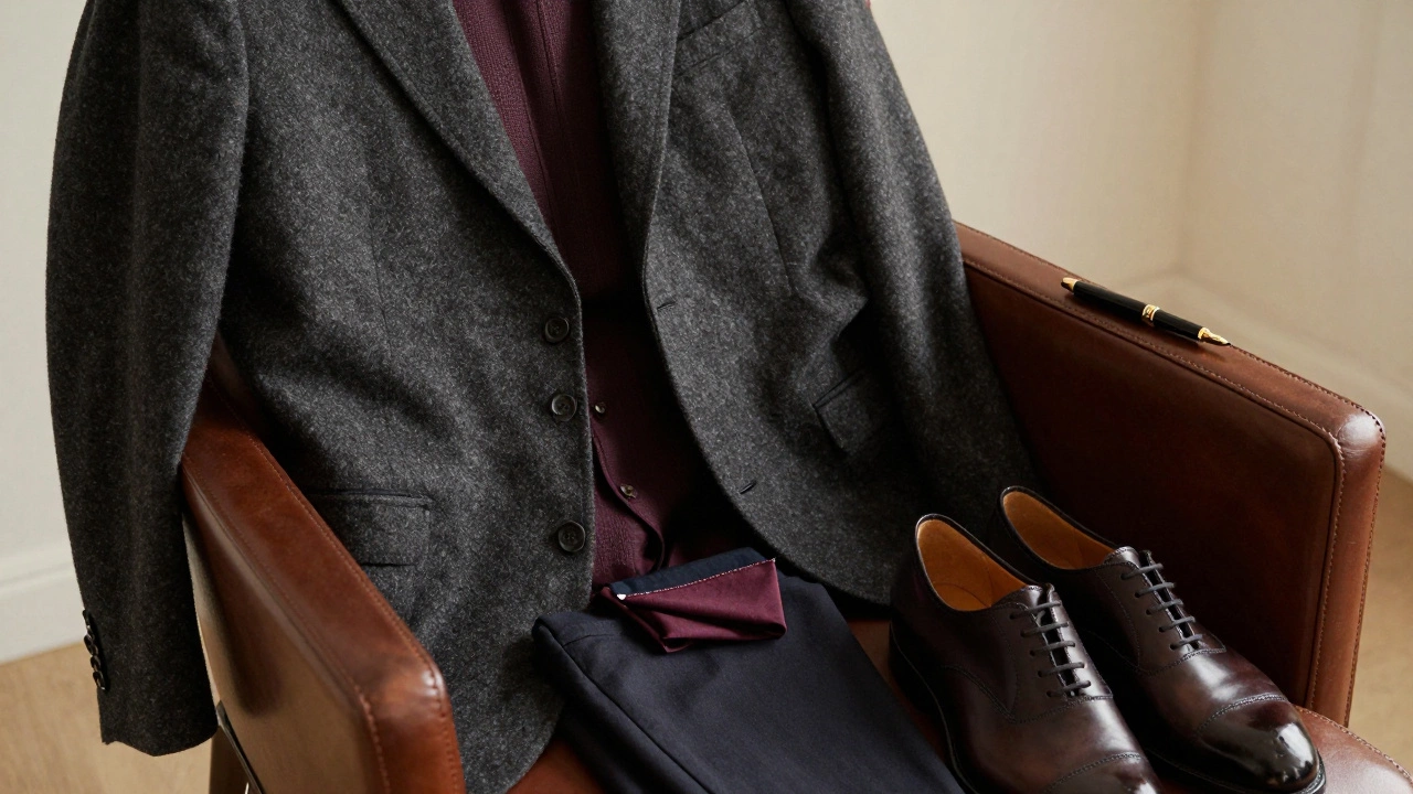 A charcoal blazer, dark chinos, and leather shoes arranged neatly with a pocket square and pen.