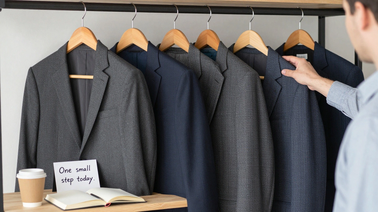 A hand placing a blazer on a hanger beside others, symbolizing gradual personal growth.