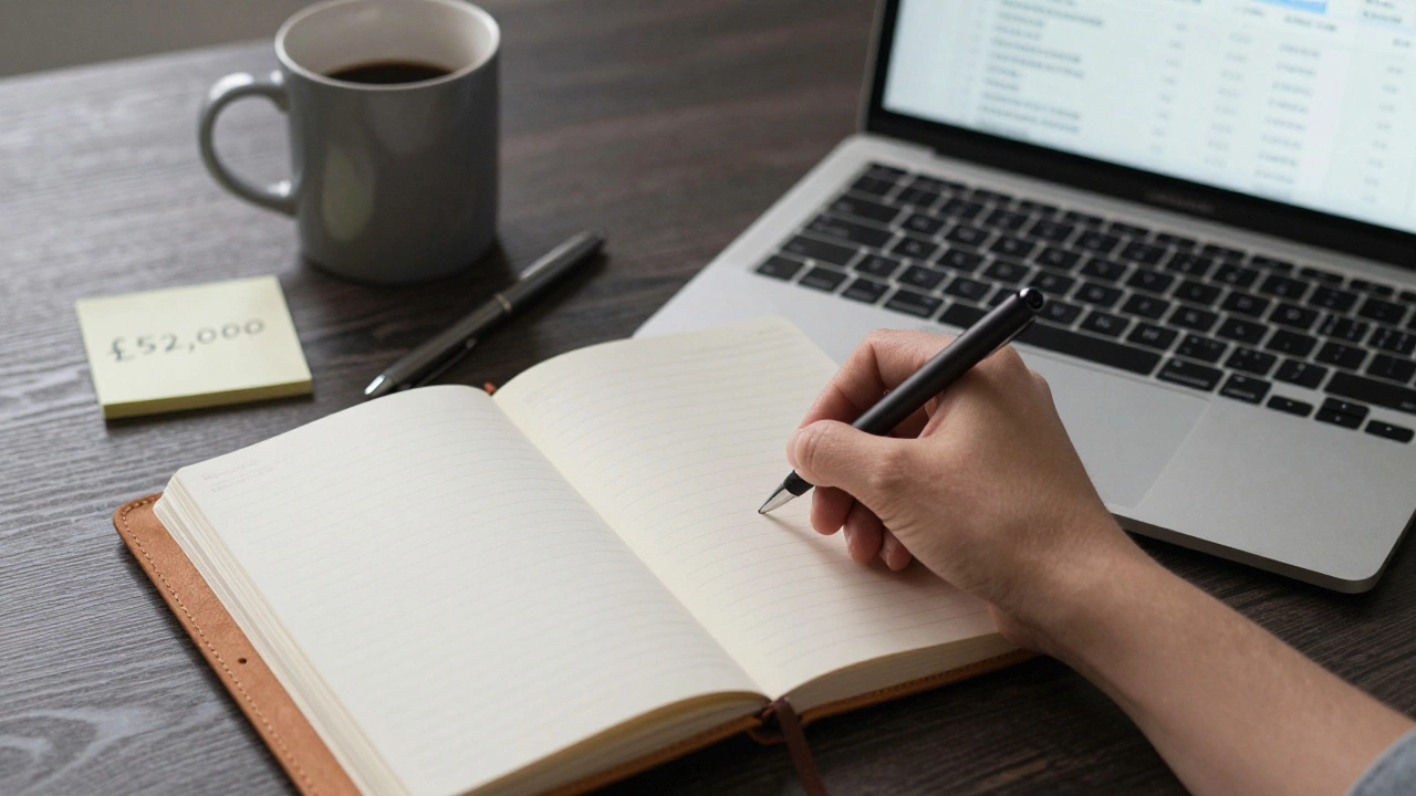 A hand writing salary research notes beside a laptop showing CIPD and Glassdoor data on a desk.