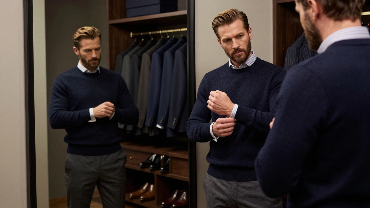 A man adjusting cufflinks in front of a mirror, surrounded by an organized professional wardrobe.