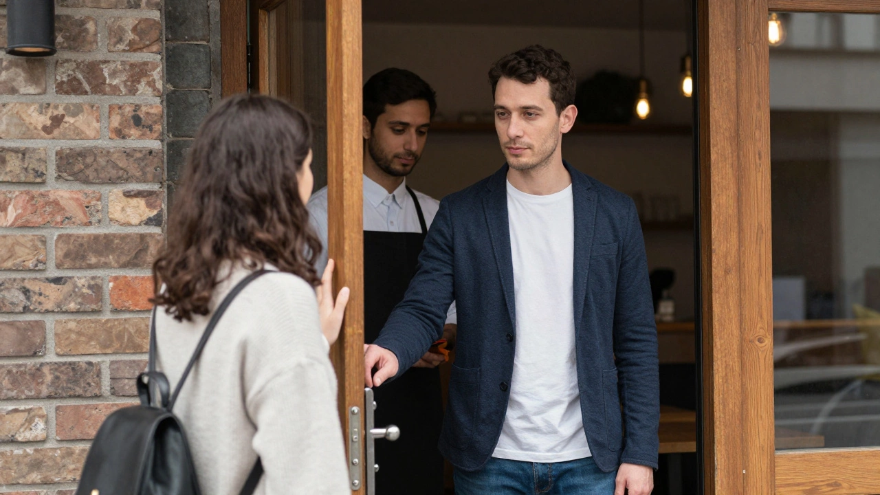A man holding a door open calmly at a café, treating a server with equal respect.
