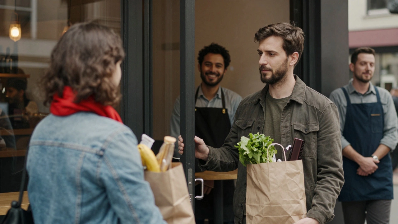 A man holding a door open in a busy café as others go about their day unnoticed.