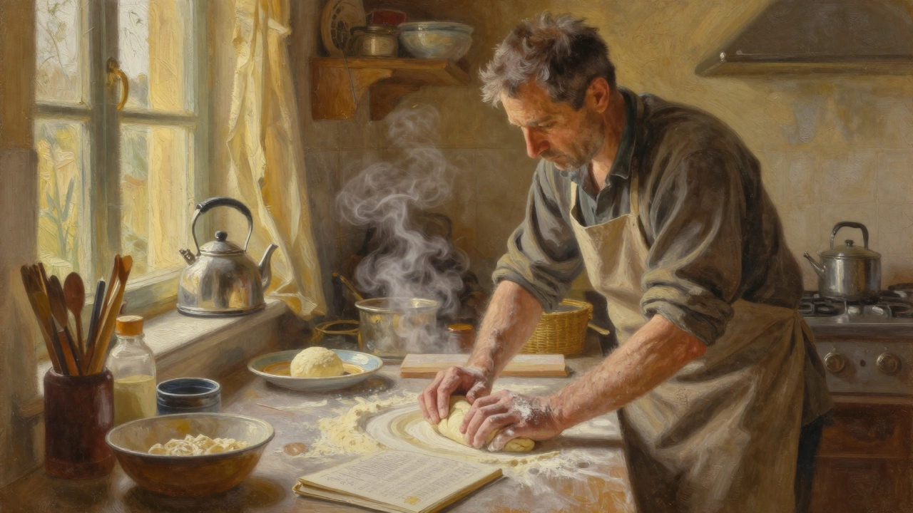 A man learning to cook dough in a quiet kitchen at dawn.