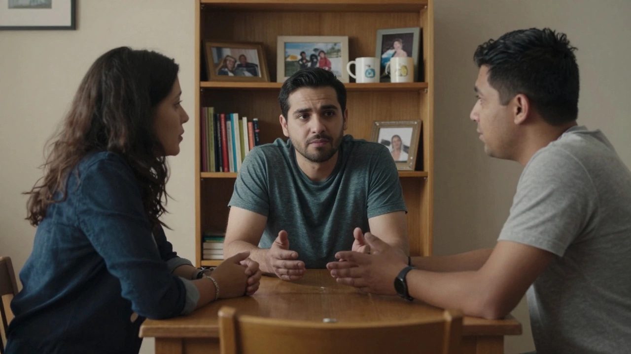 A man listening intently to his partner at a dining table, showing deep attention and respect.