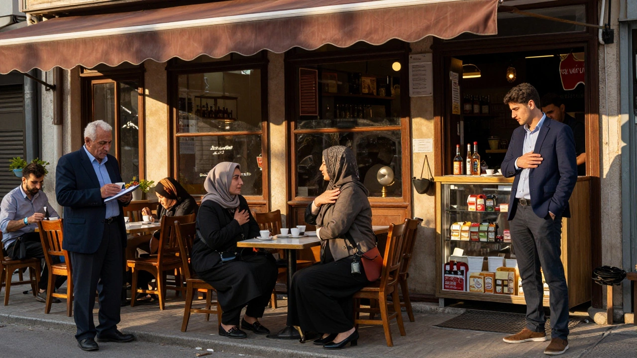 A man observes daily life in an Istanbul café, absorbing cultural moments silently.