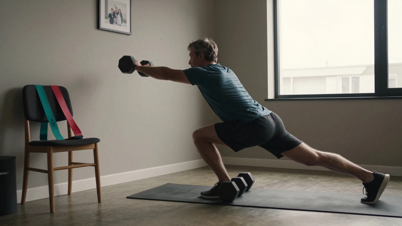 A man performing strength exercises at home with dumbbells and resistance bands.