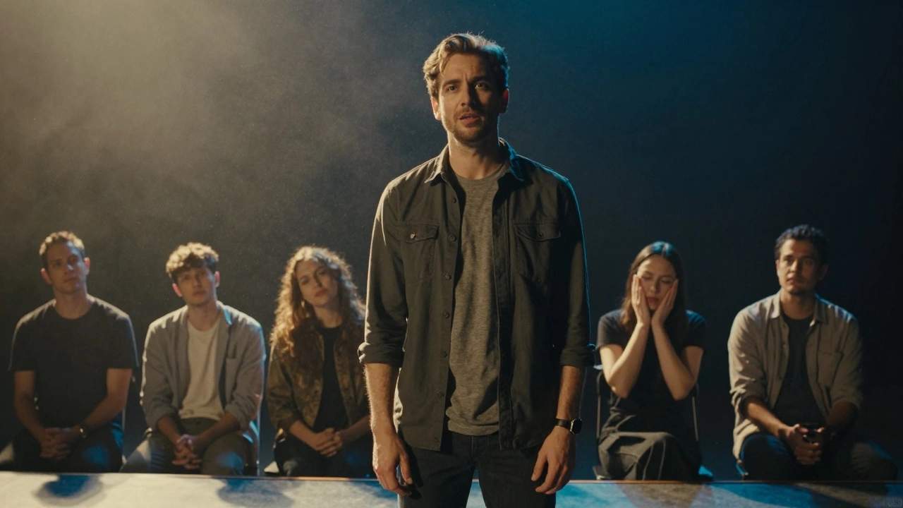A man speaking at a stage, softly lit, showing quiet courage before an audience.