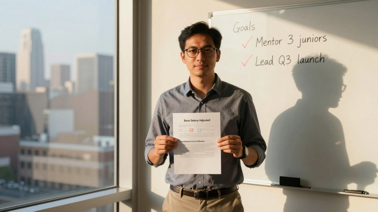 A man standing before a city skyline holding a signed agreement with clear next steps listed on a whiteboard.
