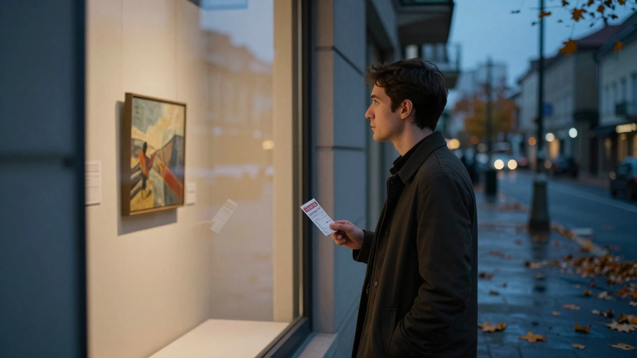 A man standing outside a gallery at dusk, holding a ticket as he looks through the window.