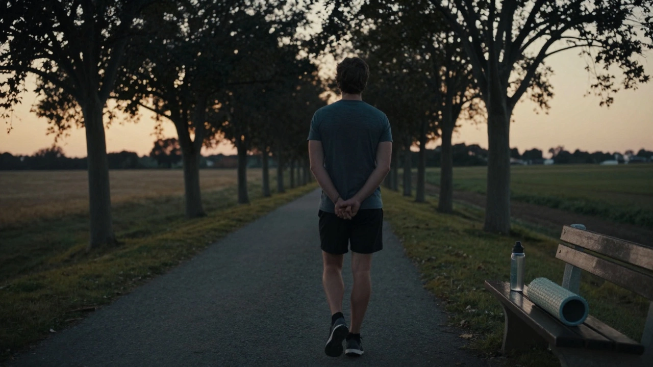 A man walking briskly on a quiet country path at dusk, hands behind his back.