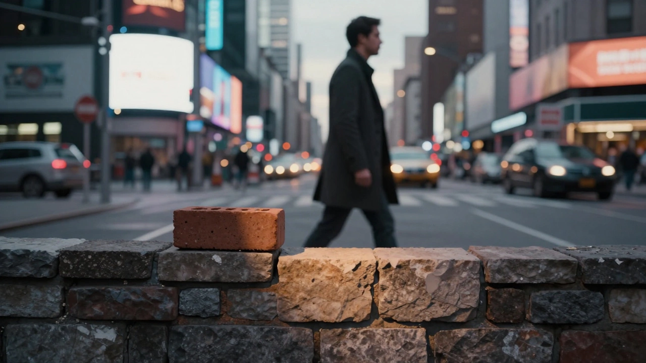 A man walking past flashy ads while quietly building a stone wall brick by brick.