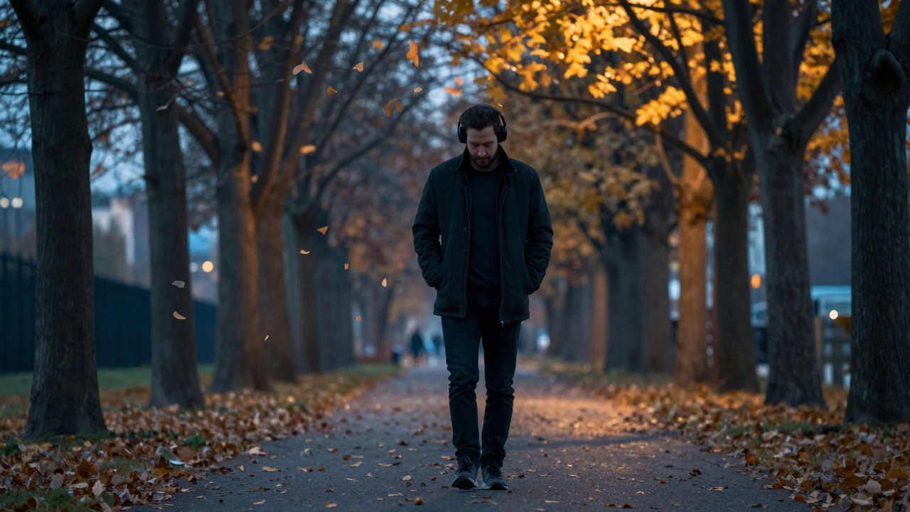 A man walking thoughtfully along a tree-lined path at dusk, no devices in sight.