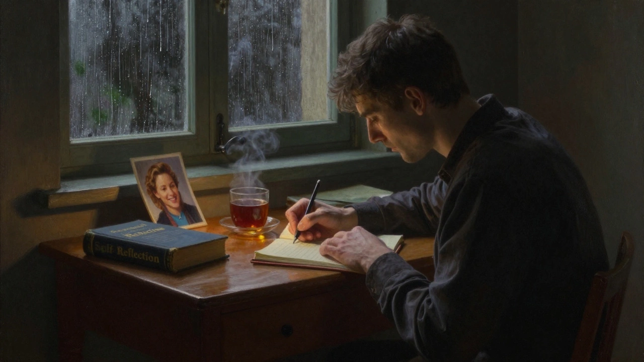 A man writing in a journal by lamplight, reflecting on relationships and integrity.