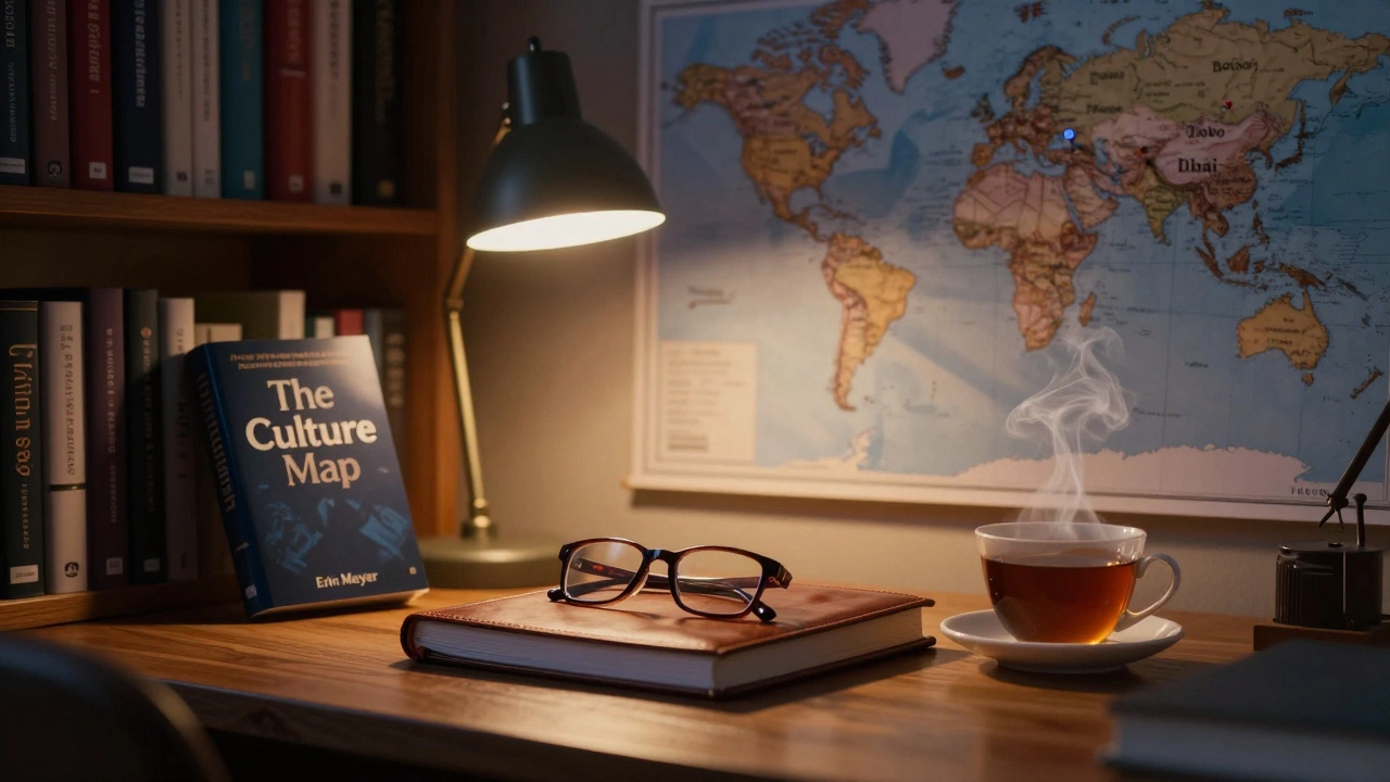 A warm library at dusk with a world map and open book on a wooden desk.