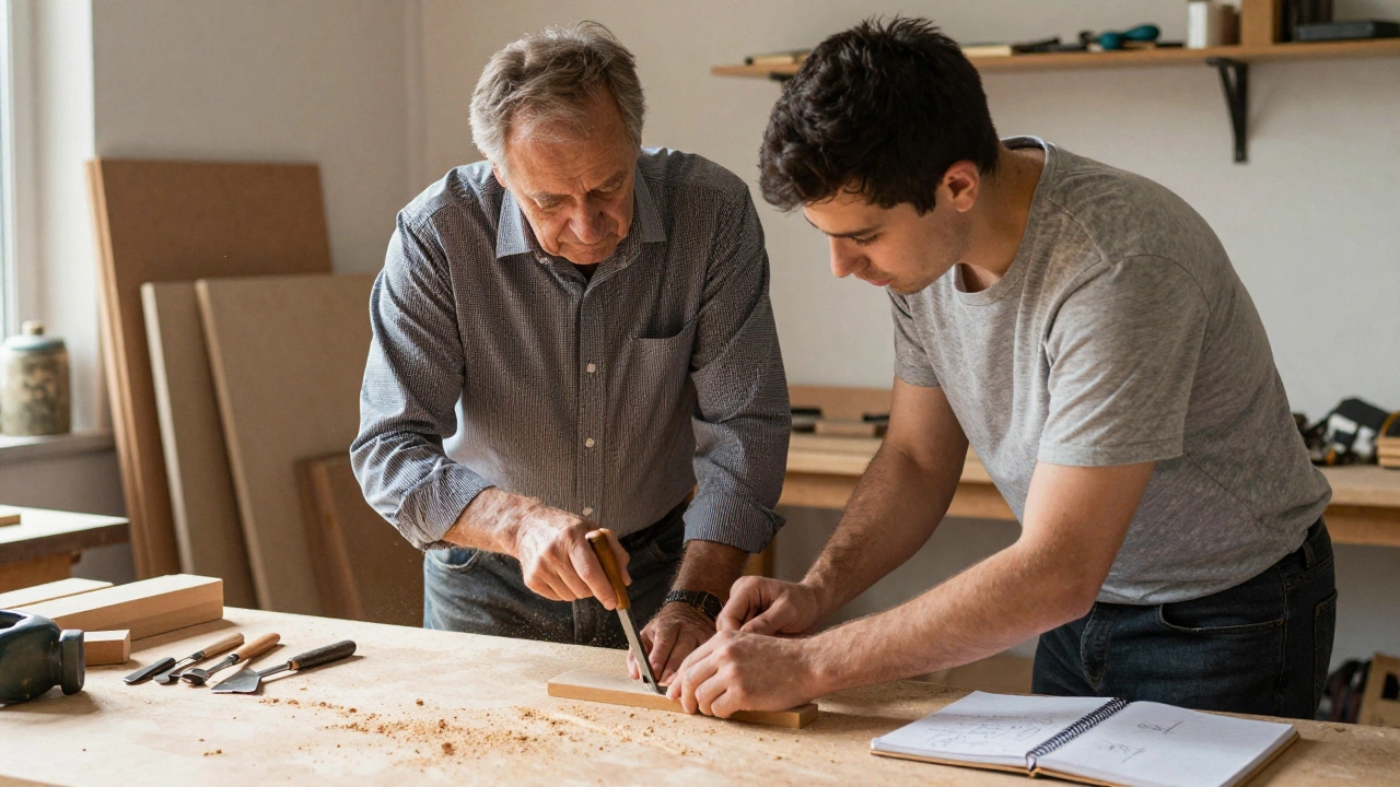 An older man mentoring a younger one in a workshop, sharing skills through quiet example.