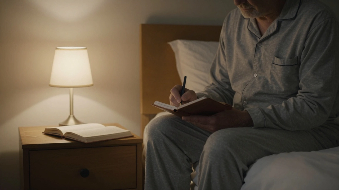 An older man writing in a notebook by bedside lamp, peaceful bedroom setting.