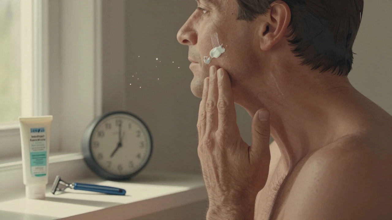 Man applying mineral sunscreen to face and neck, sunlight through window, razor and balm on counter.