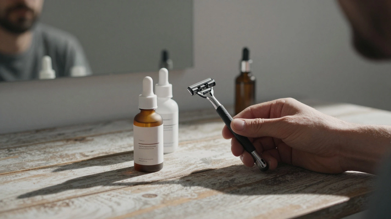 Safety razor beside skincare bottles on wooden table, morning light, no faces, texture-focused composition.