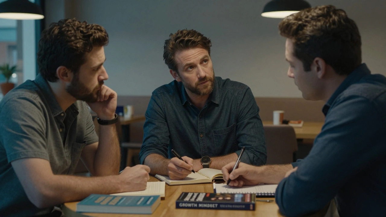 Three men in a library café discussing failure and learning.