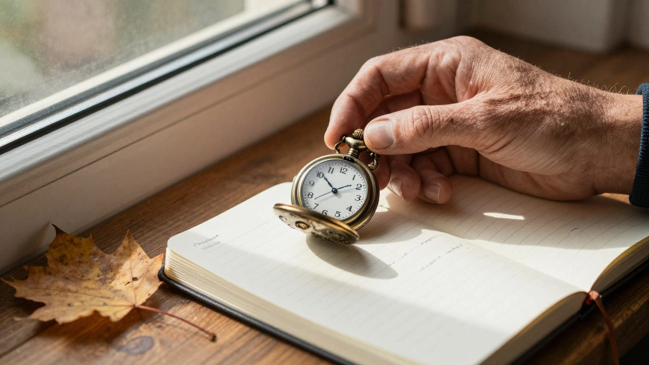 Weathered hands winding a pocket watch beside an open gratitude journal and a fallen leaf.