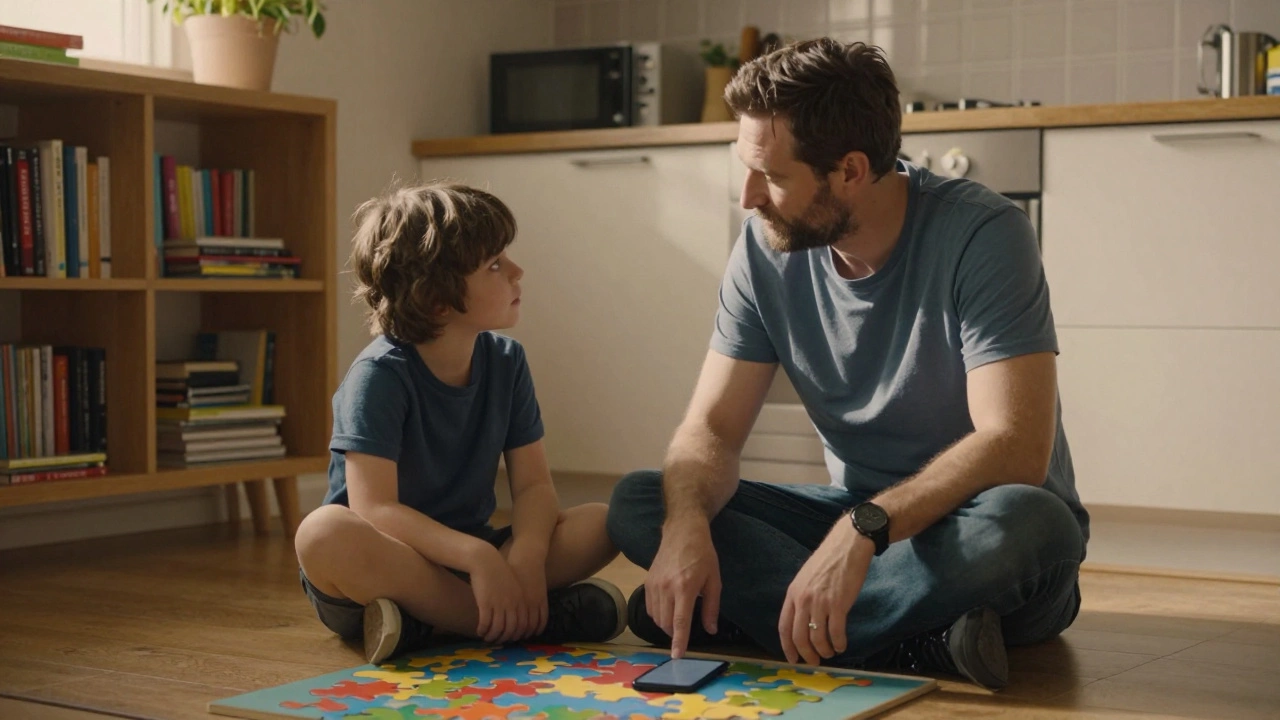 A father and son talking on the floor, phone set aside, sharing an intimate, uninterrupted moment.