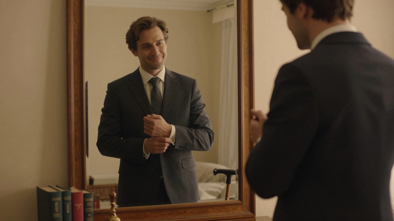 A man in a tailored suit looks at his reflection in a mirror, symbolizing self-renewal.