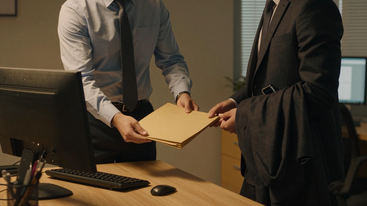 A man leaving a folder on a colleague's desk after hours.