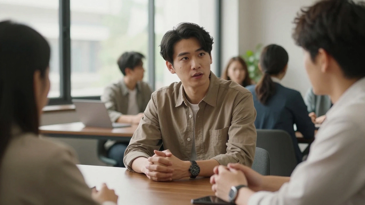 A man listening attentively in a meeting, others blurred around him, calm and present.