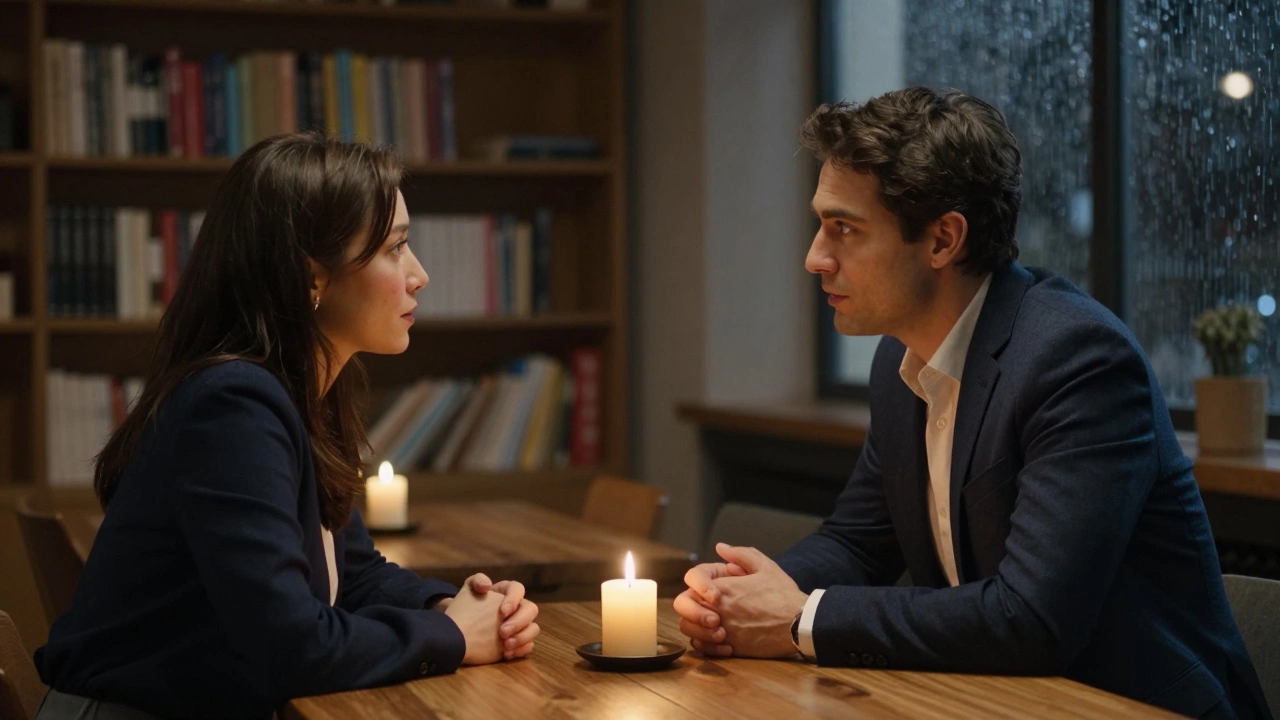 A man listens calmly across a dining table, candlelight between them as his partner speaks with emotion.
