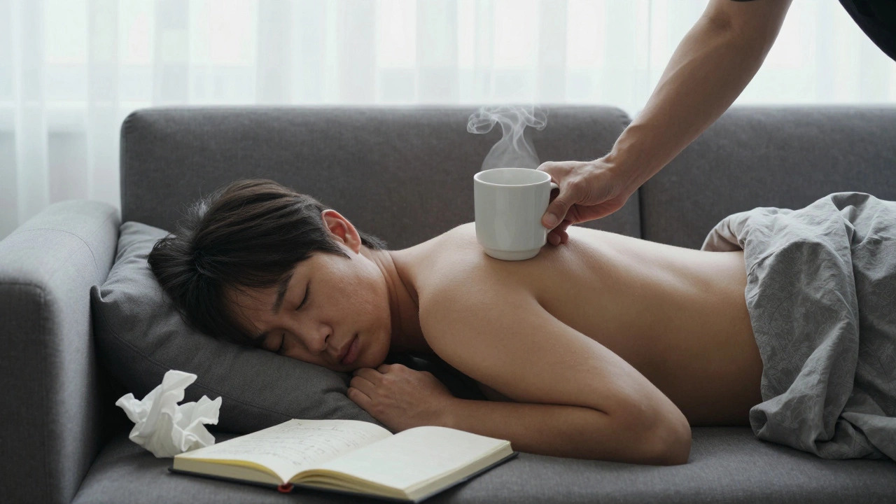 A man places coffee beside his sleeping partner, morning light revealing a gesture of quiet reconciliation.