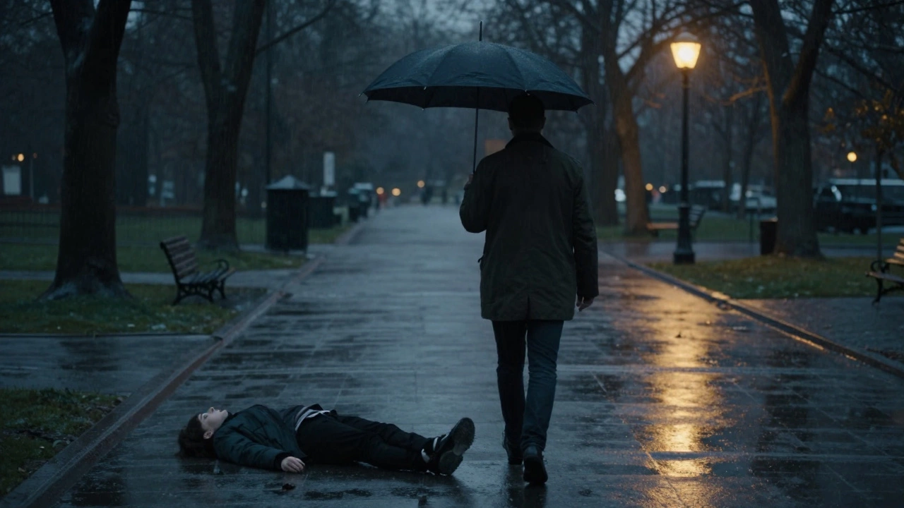 A man sharing an umbrella with a stranger in the rain at dusk.