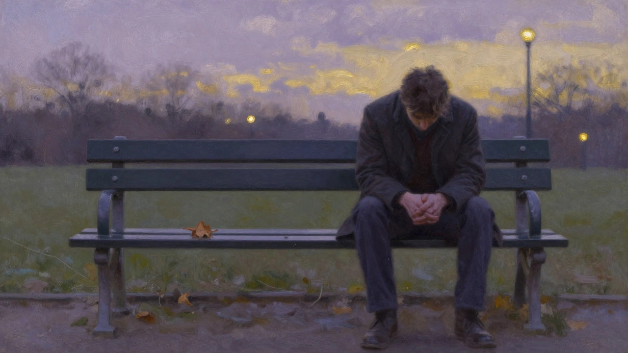A man sits alone on a park bench at dusk, an empty chair facing him, symbolizing emotional presence and vulnerability.