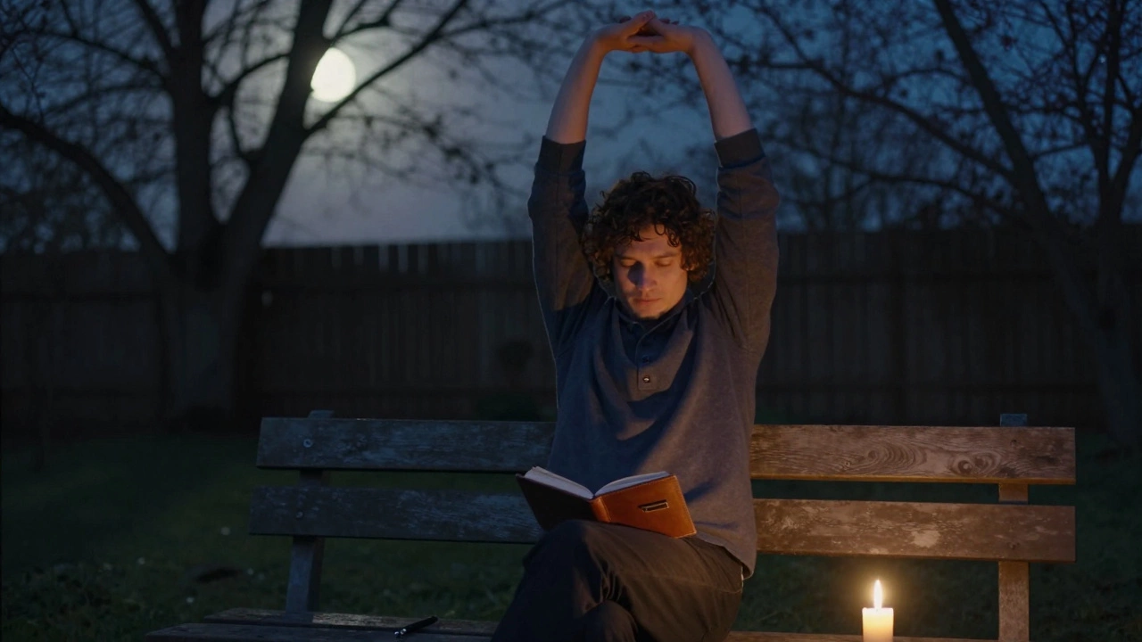 A man stretching on a garden bench under moonlight with a notebook and candle.