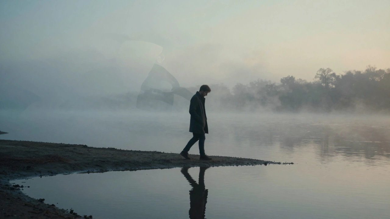 A man walking alone by a misty river at dawn, his reflection visible in the water.