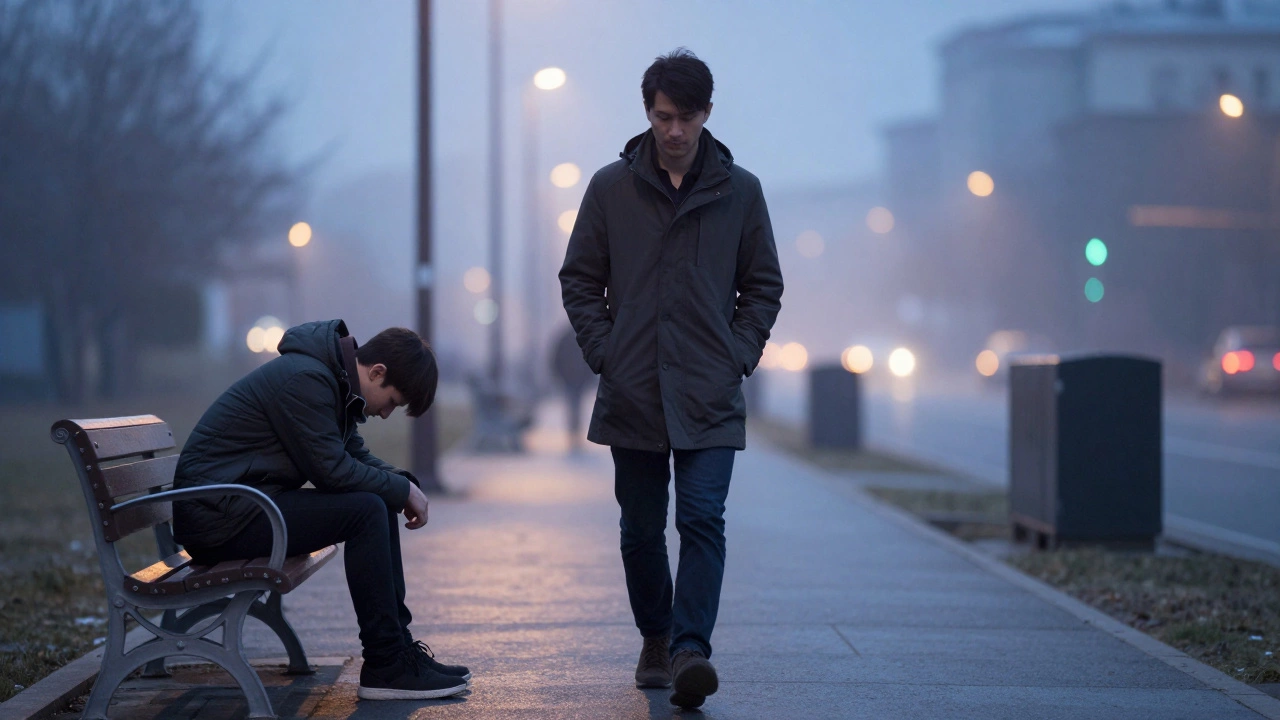 A man walking at twilight past another sitting in defeat on a bench.