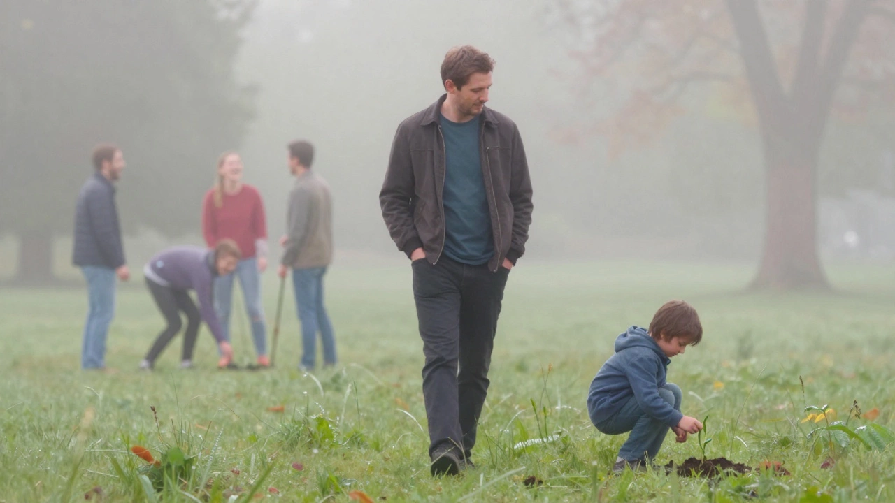 A man watches a child plant a seed in a misty park, symbolizing growth and inner abundance.