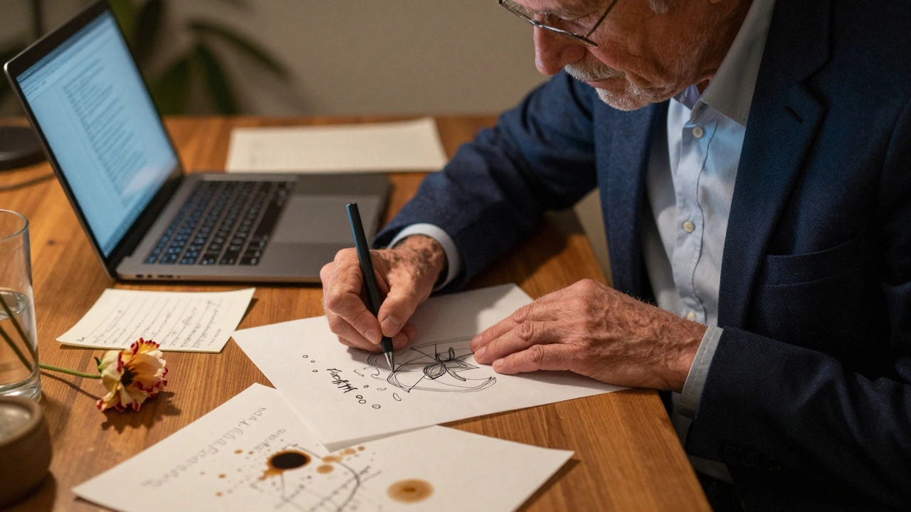 An older man sketching by hand at a cluttered desk with a glowing laptop.