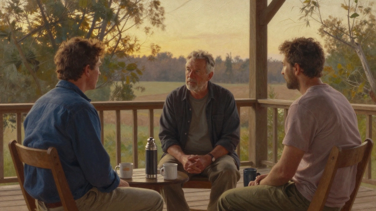 Three men sitting together on a porch at sunset, listening quietly to one another in calm solidarity.