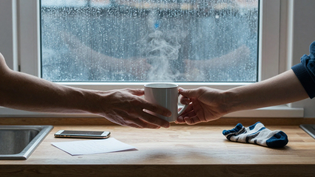 Two hands exchange a mug of coffee across a kitchen counter, rain streaking the window behind them.