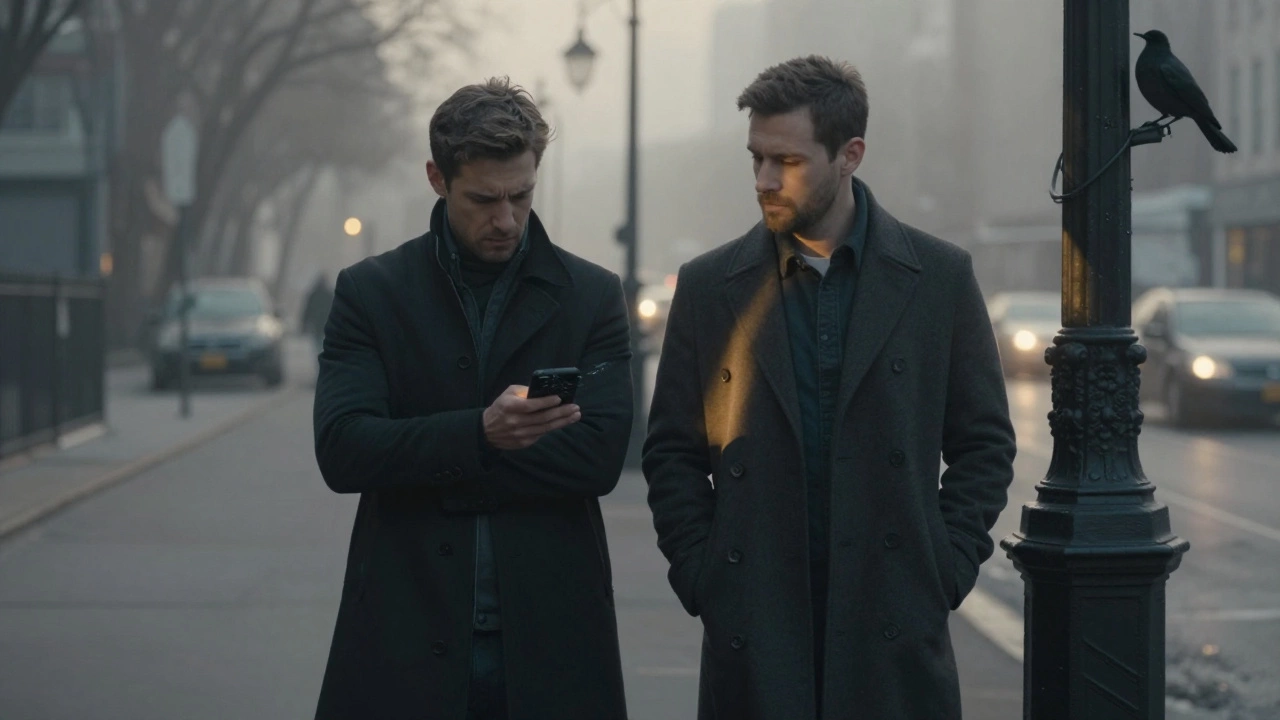 Two men on a sidewalk at dawn, one frustrated, one calmly observing a bird.