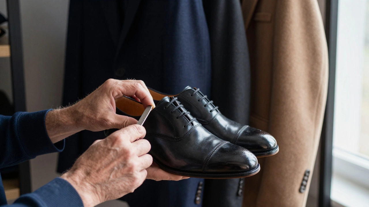 A man's hands polish black oxfords and trim nails, surrounded by a neatly organized wardrobe in soft morning light.