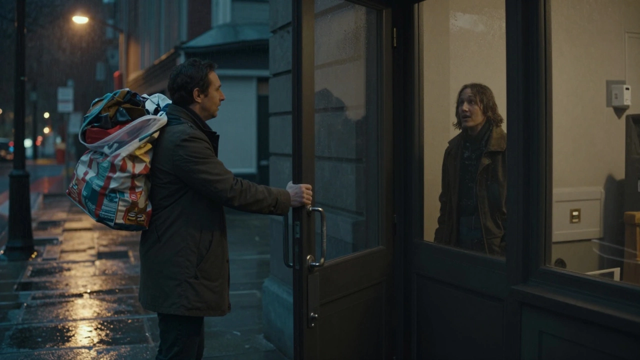 A man holds a door open for a stranger carrying groceries in the rain, no fanfare, just kindness.