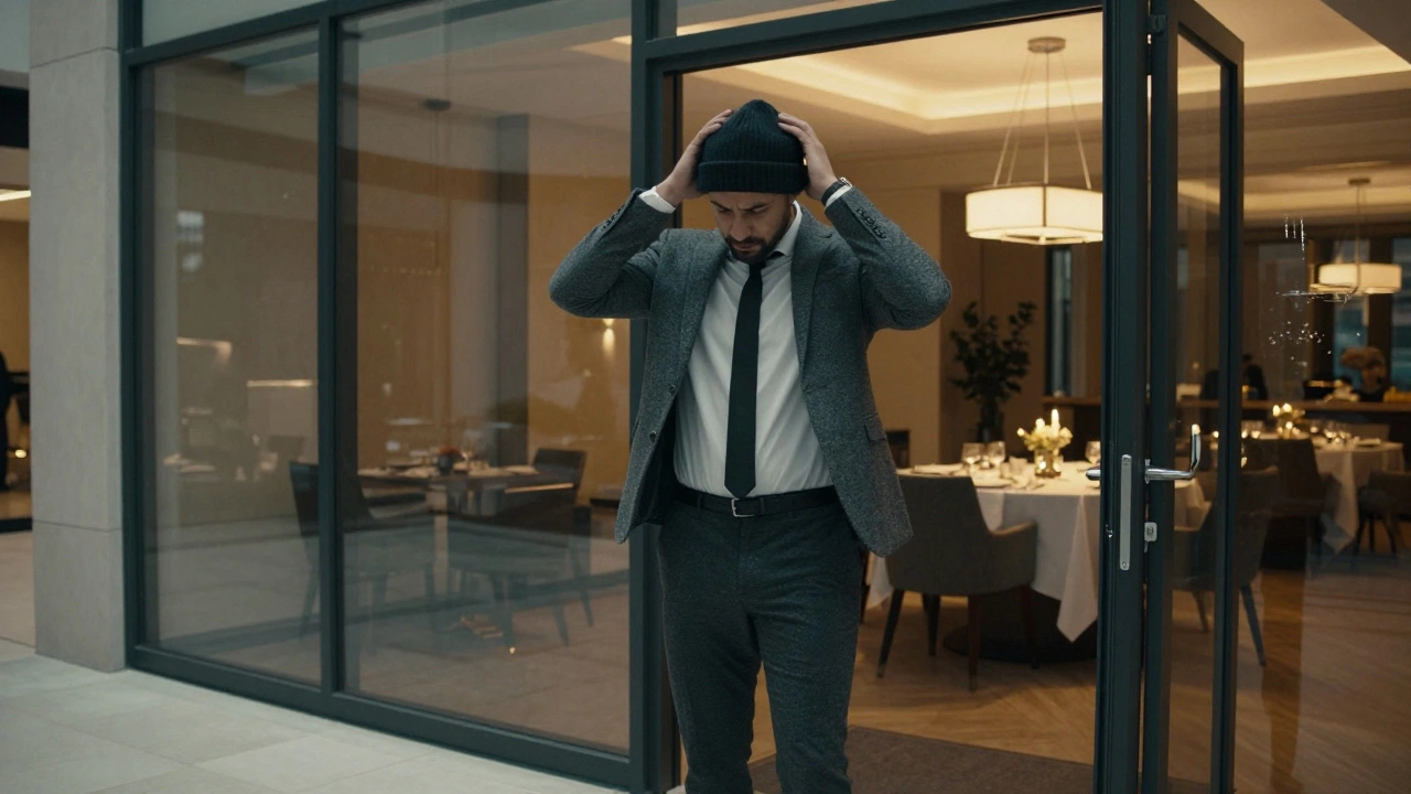 A man pauses at a glass doorway, hesitating to remove his hat before entering a formal dining room.