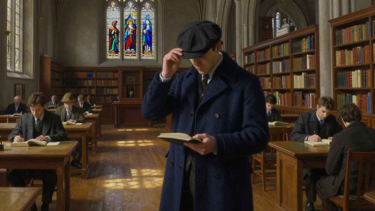 A man respectfully holds his cap before entering a silent library, surrounded by warm wooden shelves and sunlit windows.