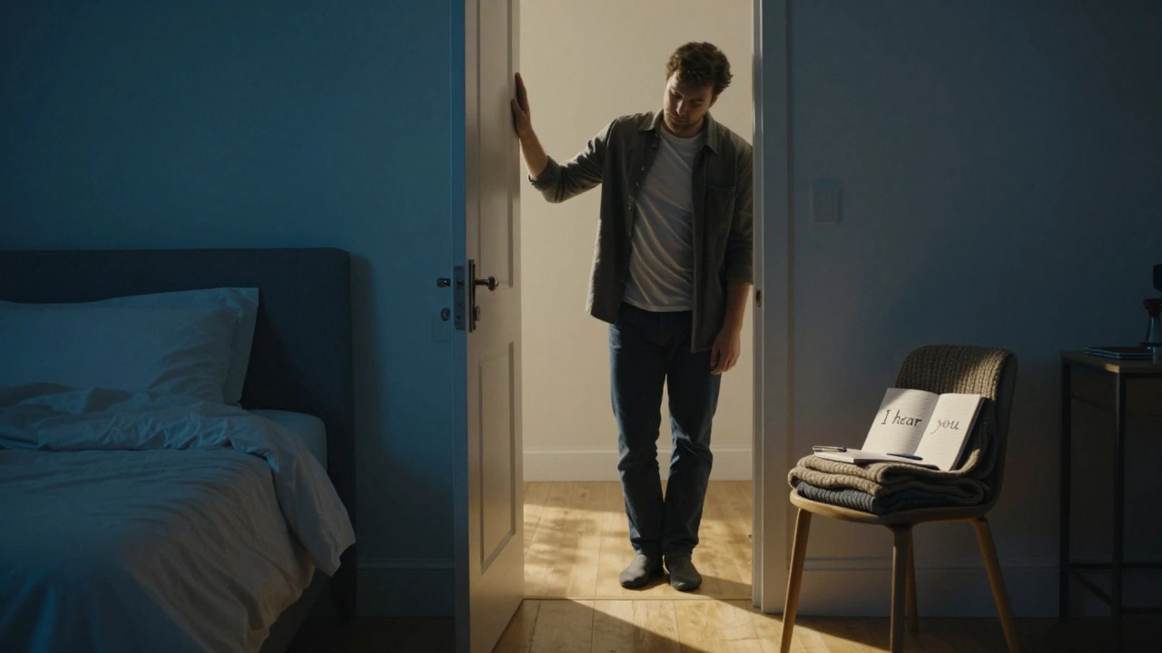 A man standing quietly at a bedroom doorway, watching his sleeping partner, moonlight illuminating a journal nearby.