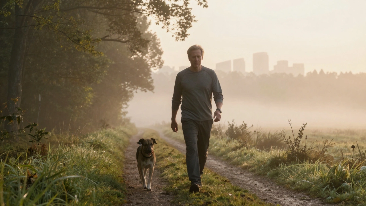 A man walking peacefully through a misty forest trail at sunrise with his dog beside him.