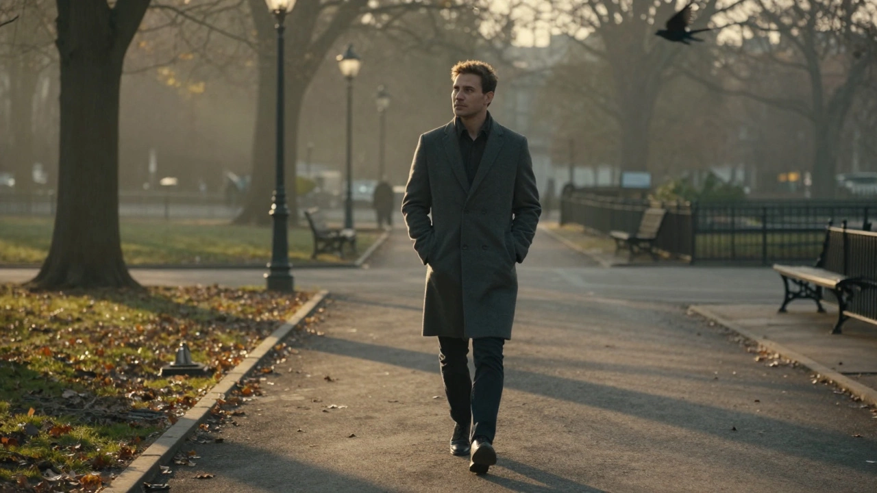 A man walking thoughtfully through a park at dusk, free of headphones, observing his surroundings.